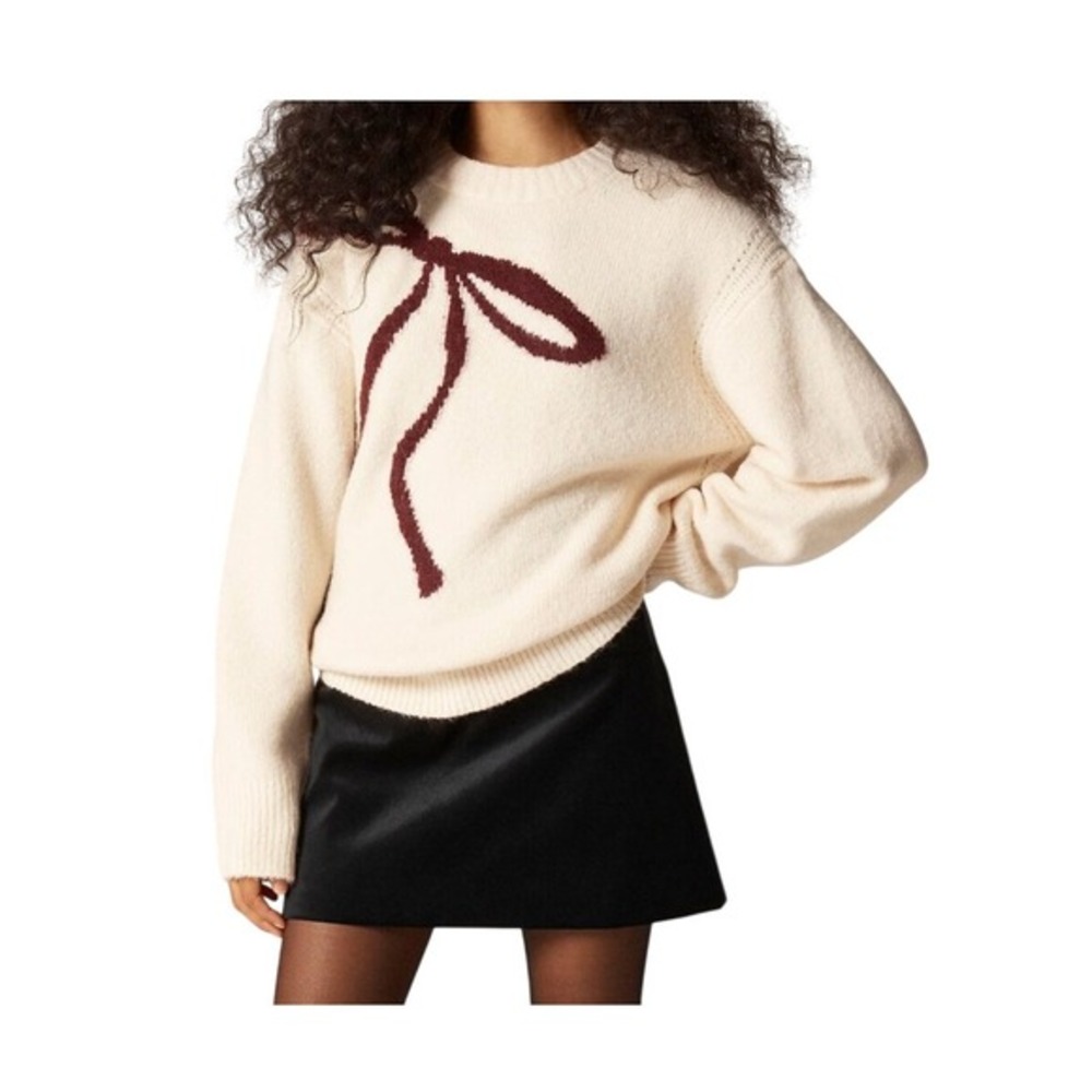 J. Crew Bow‎ Print Relaxed Crewneck Pullover Sweater Ivory Maroon Chunky Knit M